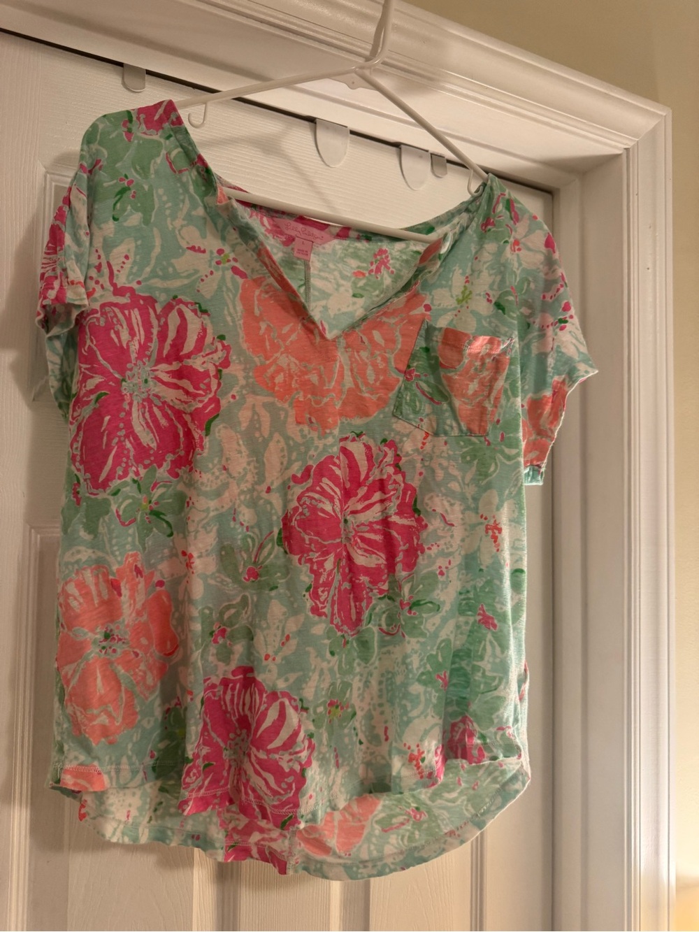 Lilly Pulitzer Mint Floral V-Neck Tee with Pink & Coral Blooms
